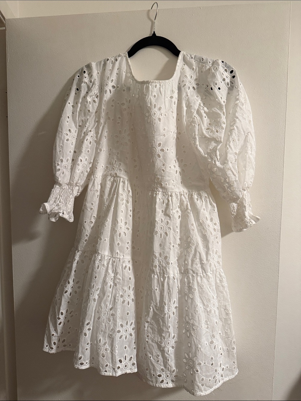 Misa Los Angeles White Eyelet Puff-Sleeve Tiered Midi Dress